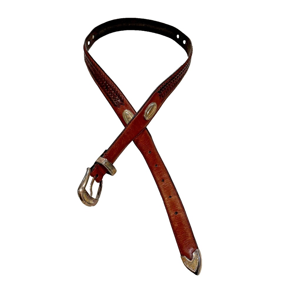 Vtg Fossil Men's Full Grain Cowhide Leather Western Belt Medallions - Size 38/40